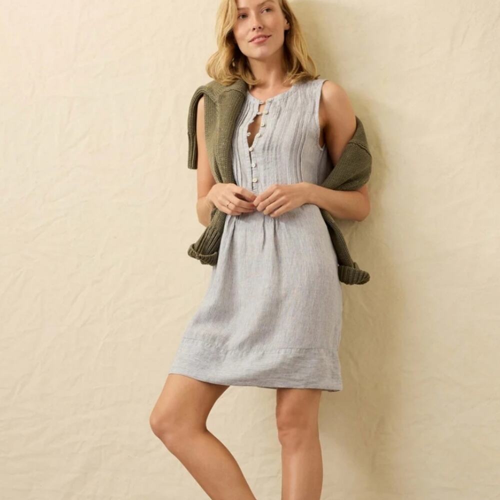 Faherty Blue Mini Stripe Button Down Linen Isha Mini Dress S